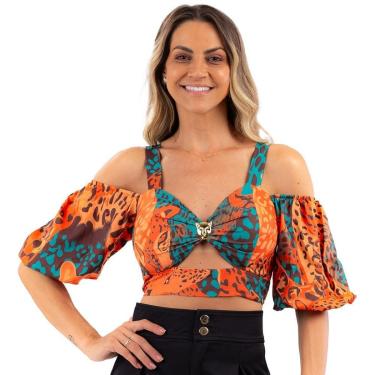 Imagem de Blusa Onça Preta Cropped VE24 Laranja Feminino-Feminino