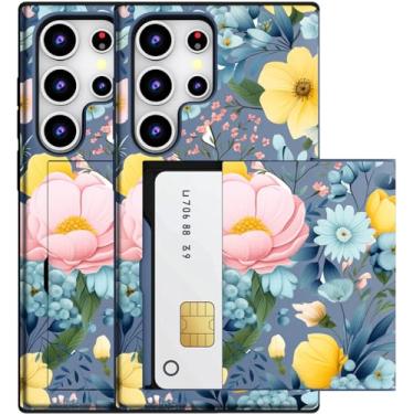 Imagem de MUQR Capa compatível com Samsung Galaxy S23 Ultra com suporte de cartão fofo - Design Kawaii, proteção contra quedas de nível militar, capa carteira robusta para mulheres (flores de peônia azul)