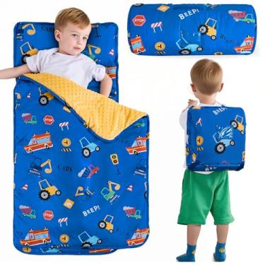 Imagem de DJY Tapete de soneca infantil azul para carro, tapete de dormir infantil com travesseiro removível e cobertor de minky, perfeito para creche, pré-escola, jardim de infância, viagens