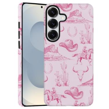 Imagem de DAIZAG Capa para Samsung Galaxy S25, capa de telefone vintage rosa chapéu de cowboy cavalos cactos capa de proteção durável de camada dupla para mulheres meninas