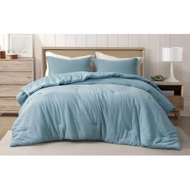 Imagem de Chezmoi Collection Breeze Conjunto de edredom King de musselina de 3 peças, 100% algodão, azul lago, macio, lavado, leve, respirável, reversível, 240 g/m², roupa de cama de verão