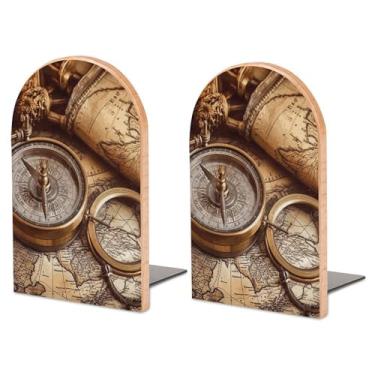 Imagem de Bússola durável e mapa do velho mundo impresso suportes de livros de madeira decorativos para escritório e casa Organize seus livros com estilo