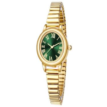 Imagem de Relógio feminino pequeno dourado - mostrador oval vintage com numerais romanos, movimento de quartzo, pulseira de expansão de aço inoxidável, resistente à água (2 tamanhos), Dourado, verde, 5.91in