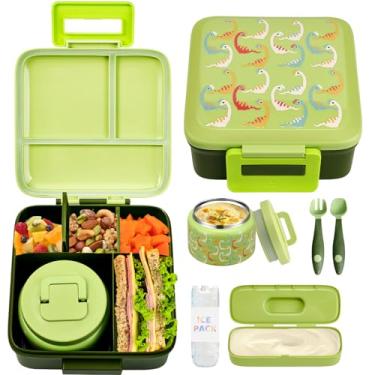 Imagem de JXXM Lancheira Bento para crianças com garrafa térmica de sopa de 227 g, recipientes à prova de vazamento com 5 compartimentos, recipientes térmicos para alimentos para escola (dinossauro