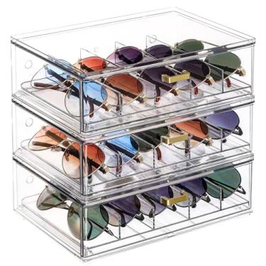 Imagem de LALOBLUE Estojo de gaveta para óculos – Suporte de óculos de PET transparente, organizador de óculos de sol de 3 camadas para vários óculos, óculos de leitura, organizador empilhável de armazenamento