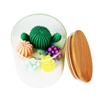 Imagem de Poranlem Vela suculenta cacto flor terrário com tampa de madeira presentes de cera de soja natural para amantes de plantas, aniversário, vela perfumada floral, decoração de quarto feita à mão (verde)