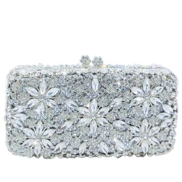 Imagem de Boutique De FGG Mini bolsas de mão de flor com strass para mulheres, bolsa de mão de cristal para casamento, festa, formatura, floral, noite, Prata, Mini