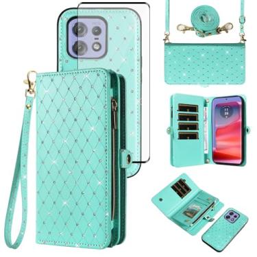 Imagem de Capa de celular para Motorola Edge 50 Pro Carteira com zíper destacável com protetor de tela transversal Alça de cordão Bling Glitter Flip porta-cartão Slot Moto Edge50 50Pro 5G mulheres homens