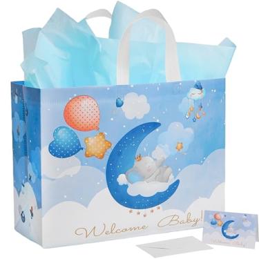 Imagem de GFInYHM Bolsa de presente extra grande para bebê de 40,6 cm com papel de seda e cartões comemorativos, reutilizável, impermeável, não tecida, azul elefante com alças, para bebês meninas ou meninos