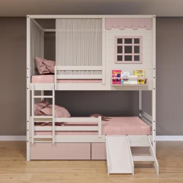 Imagem de Beliche Casinha Reta 02 Gavetas Rosa Grade Removível Escorregador e Cortina Madeira Maciça Branco/ Rosa Housin