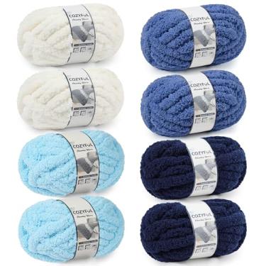 Imagem de Cozyful Fio grosso para tricotar à mão - #10 fio grosso de chenille, fios grandes e grossos para crochê, fios de manta de malha super volumosos, 8 novelos (25 m, 227 g/meada), creme e multi azul
