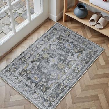 Imagem de HUGEAR Tapete de entrada 2x3 retrô preto pequeno tapete lavável à máquina tapete de porta floral vintage tapete de pilha baixa aspirável envelhecido tapete de entrada cozinha banheiro quarto