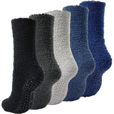 Imagem de BenSorts Meias masculinas felpudas com sola antiderrapante, meias quentes para casa, presentes de Natal, 5 pares de cores lisas B, 6-13