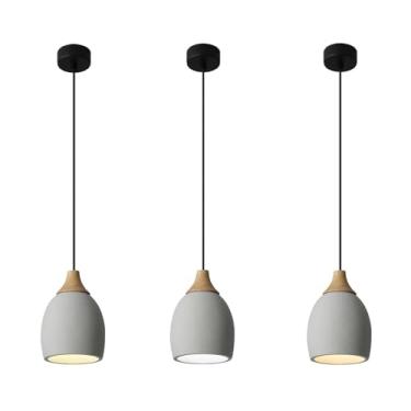 Imagem de TIGKHAE Pacote com 3 luzes pendentes de concreto da ilha da cozinha com lâmpadas suspensas de LED reguláveis, lustres de cimento de 14 cm, luz pendente de teto ajustável para hall de entrada, cama