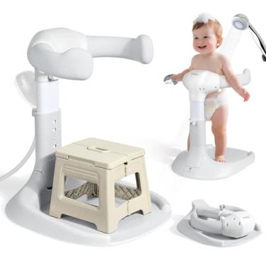 Imagem de Orzbow Suporte de chá de bebê, suporte dobrável para banho de bebê com cadeira dobrável, suporte de chuveiro infantil de altura ajustável para bebês de 6 a 36 meses, base antiderrapante, fácil de usar