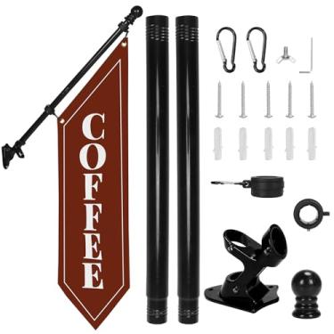 Imagem de Kit de bandeira de café ao ar livre com mastro – Faixa de lona dupla face resistente de 106 x 30 cm – Placa de loja comercial com suporte de metal para uso em cafés, lojas ou restaurantes