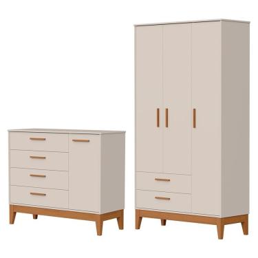 Imagem de Jogo De Quarto Infantil Flip Guarda Roupa 3 Portas E Cômoda 1 Porta Reller Móveis Areia Fosco