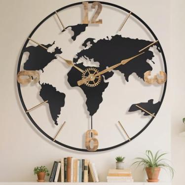 Imagem de Relógio de parede grande de 61 cm, grande mapa do mundo decorativo moderno com numerais arábicos dourados vintage, relógios de parede extragrandes de metal extra gigante para sala de estar, escritório
