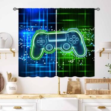 Imagem de Cortinas de jogos para quarto de meninos, cortinas de janela de videogame para crianças, controle de jogo, azul, verde, tratamento de janela legal para quarto, sala de jogos, 69,8 cm L x 99 cm C