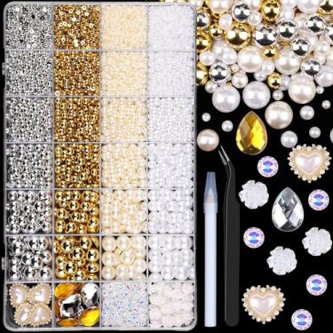 Imagem de 11200 peças de pérolas planas e strass de resina para artesanato, meias pérolas clássicas de 3 a 10 mm e strass AB de 6 mm com ferramentas de captação, pedras de gota para artesanato DIY arte em unhas