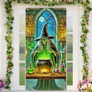 Imagem de BlissYard Capa de porta de Halloween Spooky Doors Cover Spooky Wicked Witch Potion Scene Scary Halloween Doors Decoration Creepy Door Banner For Haunted House Party Indoor Outdoor 71x35 polegadas