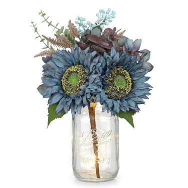 Imagem de Girassóis de seda flores artificiais com pote de pedreiro centro de mesa azul flores de outono em vaso pequeno arranjo floral de outono com vaso de ação de graças centro de mesa para sala de jantar