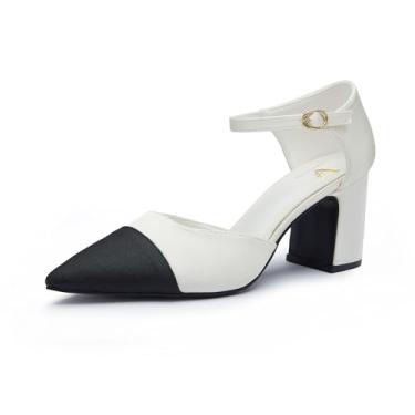 Imagem de Viloporlor Sapato social feminino de salto grosso, bico fino, bico fino, tira no tornozelo, 7,5 cm para escritório, casamento e festa, Branco e preto, 36