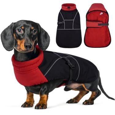 Imagem de Lelepet Casaco de inverno quente para cães Dachshund, jaqueta impermeável com forro de lã, roupa de neve refletiva para uso ao ar livre com gola ajustável com orifício de trela, casacos para cães