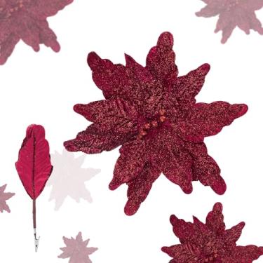 Imagem de U'Artlines 12 peças de flores artificiais de Natal grandes com clipes, flores de poinsétia vermelha escura com glitter de 28 cm, decorações de Natal para árvore de Natal, Ano Novo, enfeites de festa