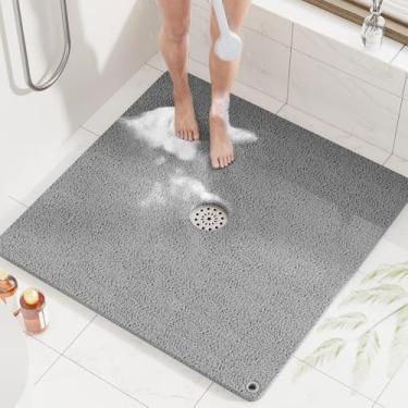 Imagem de HITSLAM Tapete de chuveiro, tapete de banheira antiderrapante quadrado de 81 x 81 cm, tapete de banho de bucha de PVC macio para banheira com orifícios para pendurar, tapete de chuveiro de secagem