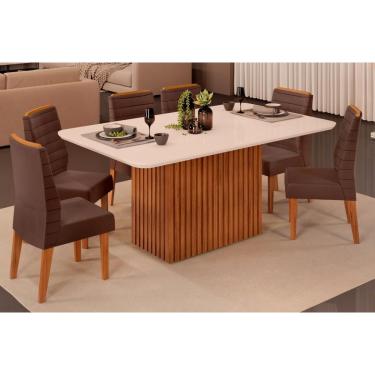 Imagem de Conjunto: Mesa de Cozinha Canes Tampo Madeirado c/ Vidro Curvo 170x90cm e 6 Cadeiras Ondina Freijo/Off White - Suede Moca - DJ Móveis