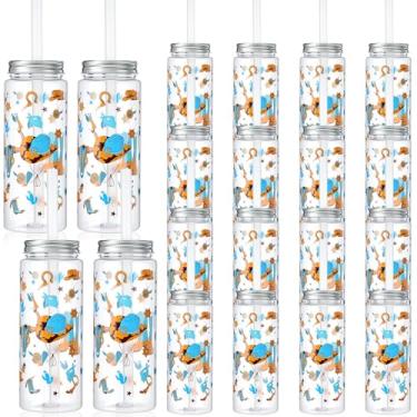 Imagem de LemonRoad 24 peças de copos de plástico com tampa e canudo 400 ml reutilizáveis decorações de festa temáticas copo copo de café gelado para decoração de festa formal (cowboy)