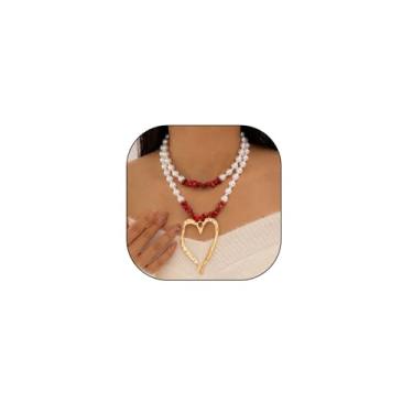 Imagem de Colar de pérolas de coração de camada dupla, colares de turquesa, irregulares, colorido, turquesa, vermelho, azul, para mulheres, presente de Natal, Middle, Turquesa, Sem Pedra Preciosa