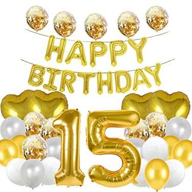 Imagem de Balão doce de 15º aniversário, decorações de 15 anos, artigos para festa de feliz aniversário de 15 anos, ouro, número 15, balões Mylar, balões de látex, presentes para meninas, meninos, mulheres,