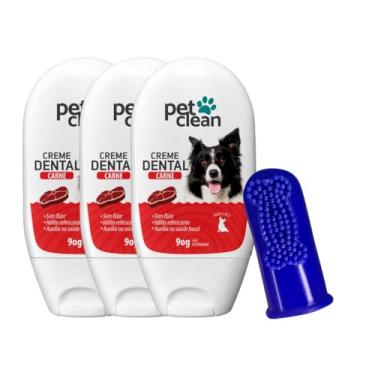 Imagem de Pet Clean Creme Dental Sabor Carne para Cães e Gatos, 90g, Kit com 3 Unidades e Dedeira