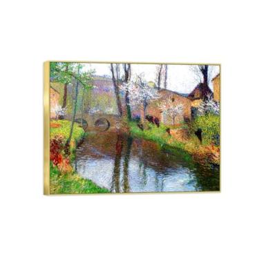 Imagem de BMZFYBS Impressão em tela famosa pintura - paisagem de arte de parede - paisagem com ponte - pôster moldura dourada para decoração de casa 40 x 50 cm 16 x 20 pol