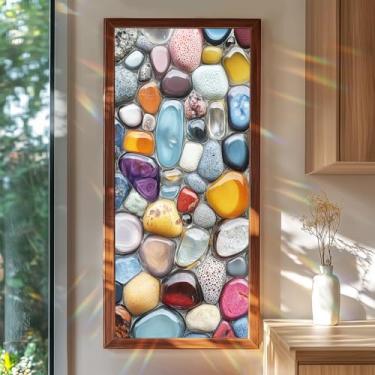 Imagem de Película para janela 17,3 x 39,3 polegadas padrão de seixo decorativo adesivo de vidro de privacidade estilo vitral design de pedra multicolorido autoadesivo removível cobertura de janela para