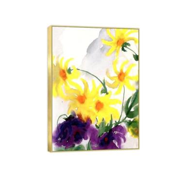 Imagem de BMZFYBS Arte de parede em tela de flores reprodução de pintura famosa - imagens de moldura dourada para sala de estar - dálias amarelas e roxas - pôster e impressões 70 x 100 cm 27 x 39 pol
