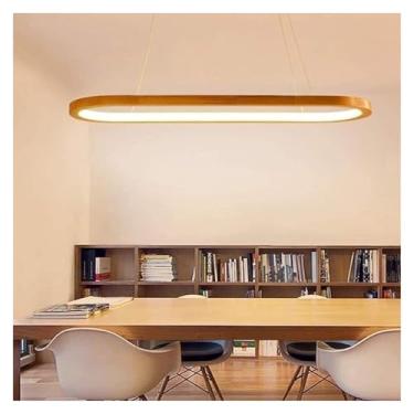 Imagem de Lustre moderno de madeira de carvalho, lustre linear de LED, luminária pendente para ilha de cozinha, luminária suspensa com controle remoto, altura ajustável, luz de teto suspensa de madeir