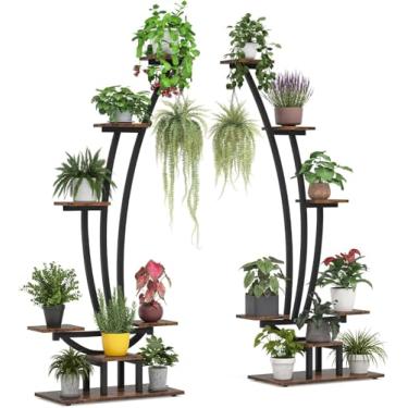 Imagem de Suporte para Flores Pacote de suporte alto para plantas internas de 5 camadas com 2, prateleira grande de metal para vasos de flores e bonsai Prateleira para Plantas(Brown)
