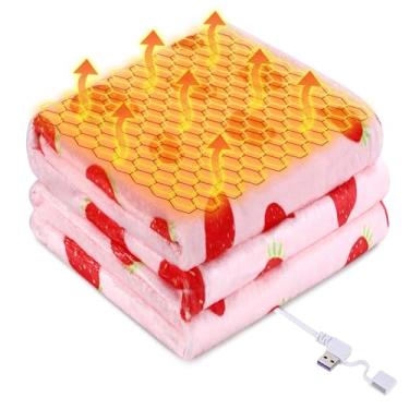 Imagem de Cobertor aquecido alimentado por USB para mulheres, 127 x 152 cm, 9 V, 18 W, cobertor elétrico portátil com impressão de morango com 3 configurações de calor, cobertores de aquecimento de grafeno de 8