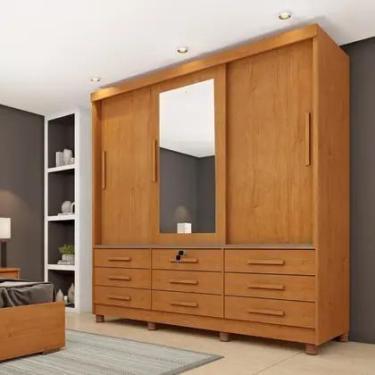 Imagem de Guarda Roupa Casal com Espelho e pés 3 Portas 9 Gavetas 199cm Chicago 