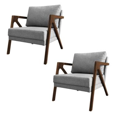 Imagem de Kit 2 Poltronas Mona Monique Luxo Base Madeira Maciça Mel Linho Cinza