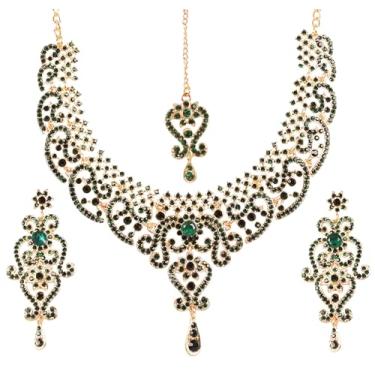 Imagem de Touchstone Conjunto de joias indianas para mulheres bollywood joias de ouro roupas de casamento conjuntos de colar brincos de noiva maang tikka fantasia chique meninas grandes acessórios desi strass