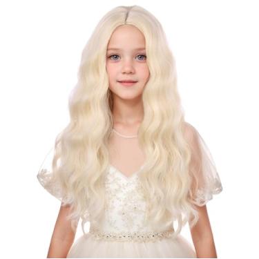 Imagem de Edivd Peruca loira clara para meninas, loira longa, ondulada, cacheada, para crianças, perucas da parte do meio, perucas sintéticas resistentes ao calor com touca