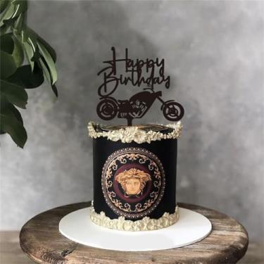 Imagem de LZGXZF Topo de bolo de motocicleta, topo de bolo de feliz aniversário, preto, personalizado, enfeite de cupcake para crianças, lembrancinhas de festa para homens e meninos, decoração de festa temática