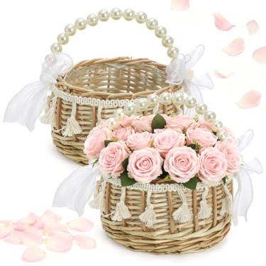 Imagem de WRINGKIT Conjunto de 2 cestas de vime para meninas de flores de vime, cesta pequena de vime de casamento com alça de pérola, laço de fita, pétalas de seda, cestas de vime rústicas feitas à mão para