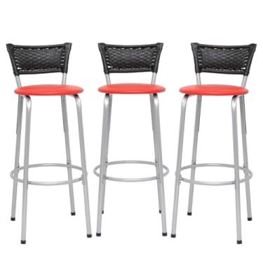 Imagem de Banqueta Altas Junco Preto Estrutura Prata 70cm Para Balcão Cozinha, Bar, Bistrô, Americano Kit 03 Unidades - Itagold (Assento Vermelho)