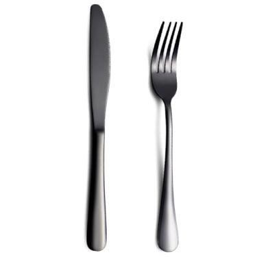 Imagem de Conjunto de talheres pretos de 2 peças, talheres de aço inoxidável banhado a preto de titânio, facas, garfos, talheres, conjunto de utensílios inclui 1 garfo de jantar e 1 faca de jantar