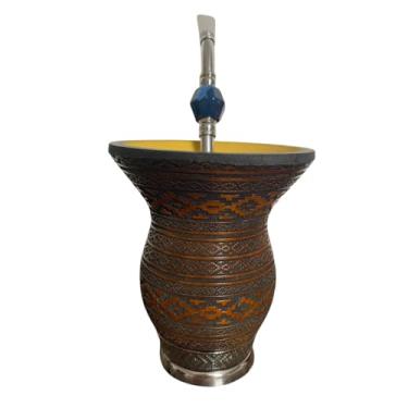 Imagem de Kit Chimarrão Cuia de Mate Pampa Laser Artesanal Pé Metal + Bomba 25cm aço Inox c/Rosca e Pedra Grande + Escova de Limpeza